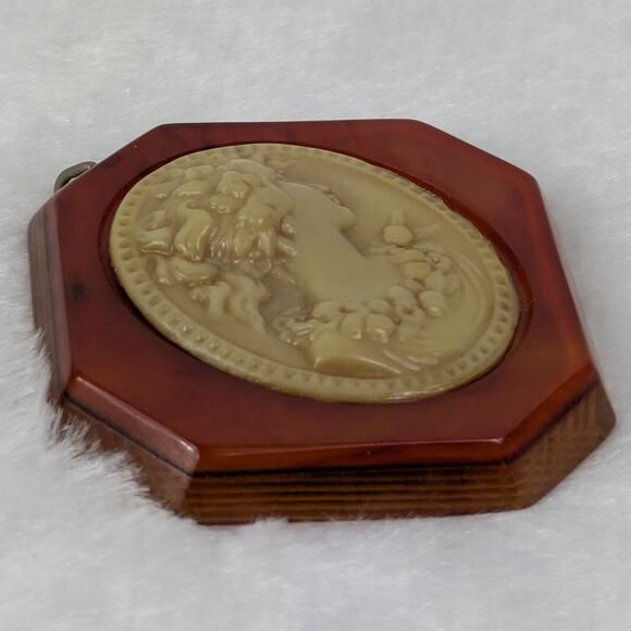 Vtg Octagon Cameo Pendant Bakelite Style Brown Frame Floral Woman Relief 2.625" - Picture 3 of 6
